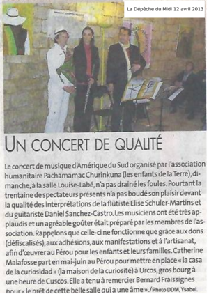 Press article about Lectoure concert (April, 4th 2014, published in 'La Dépêche du Midi'